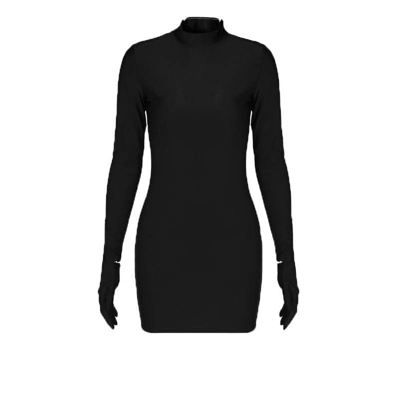 High neck long sleeve gloves solid mini dress