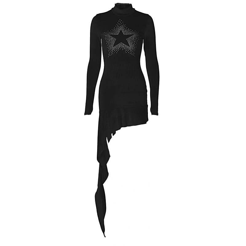 Star pattern beaded irregular long sleeve high neck ruffle mini dress