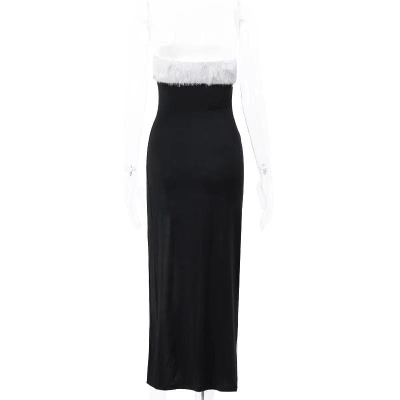 Fluffy contrast slit backless zip-up tube midi dress