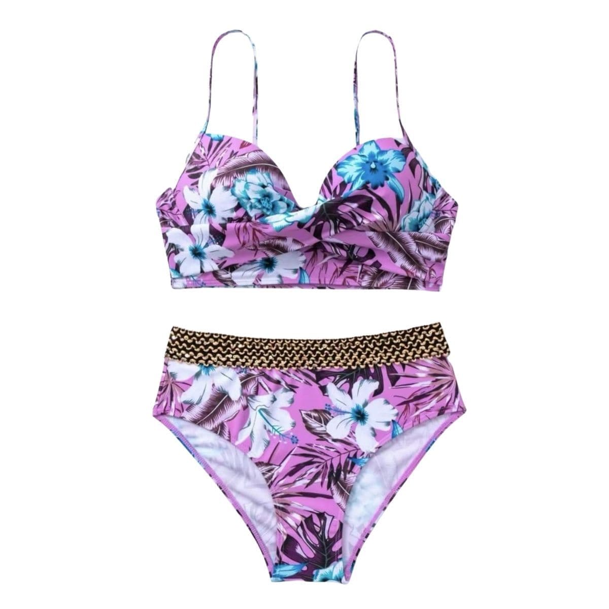 Traje de baño de bikini de tirantes finos con espalda descubierta y relleno en contraste con estampado floral 