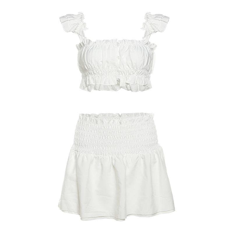 Smocked ruched cap sleeve solid ruffle mini skirt set