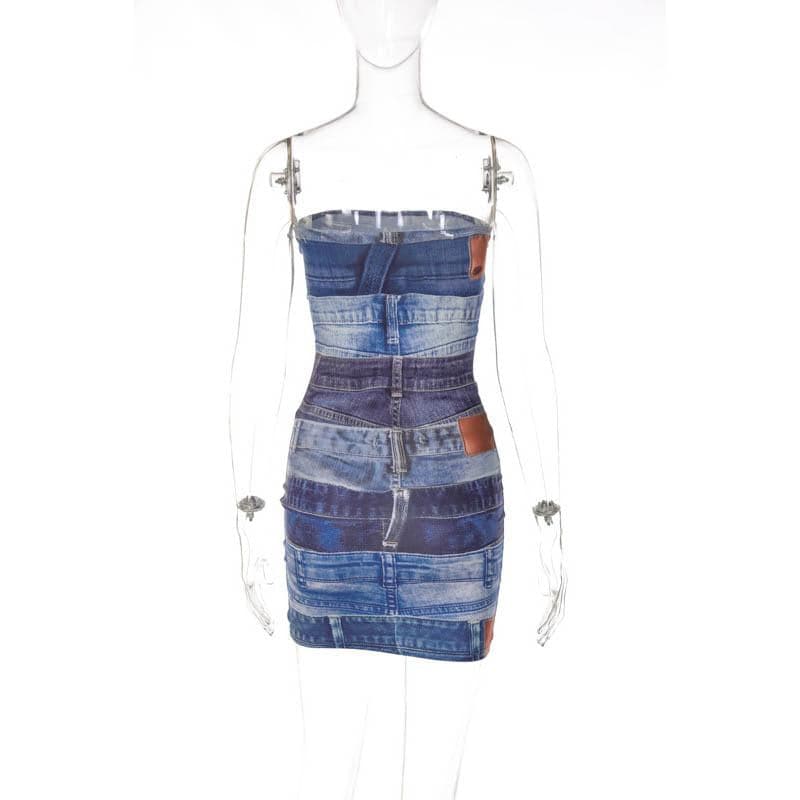 Rückenfreies Mini-Tube-Kleid mit Jeans-Print und Kontrast