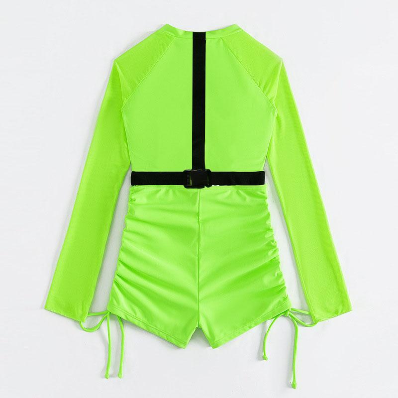 Drawstring long sleeve zip-up hollow out one piece swimwear