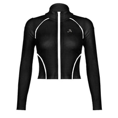 High neck contrast zip-up long sleeve top