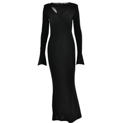 Ruched solid hollow out irregular long sleeve maxi dress