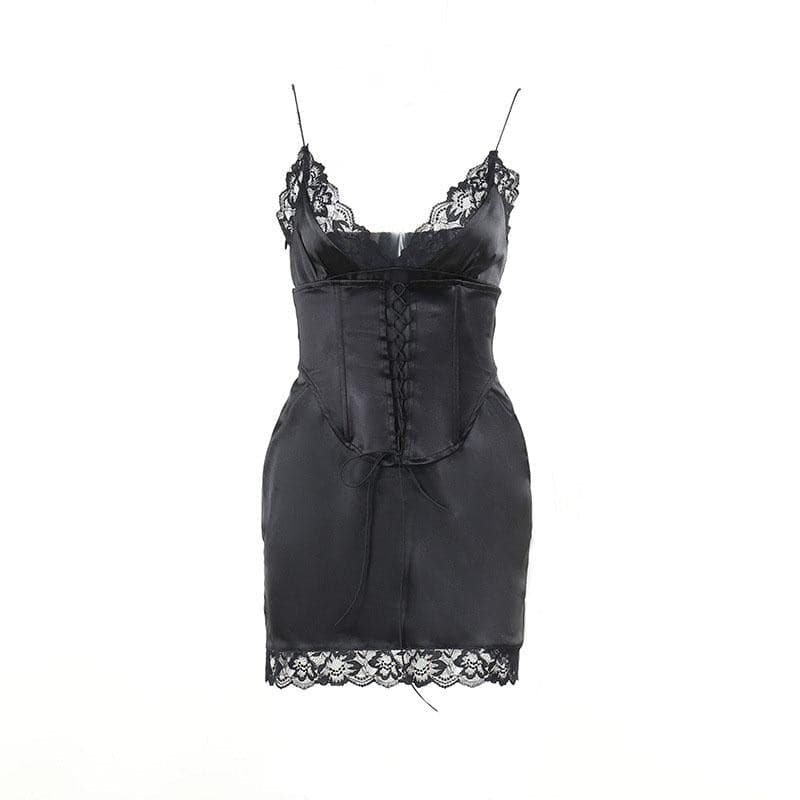 Lace hem solid v neck lace up corset sleeveless mini dress