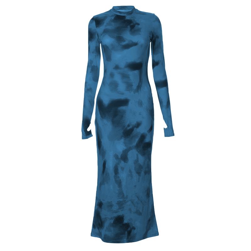 Tie dye gloves long sleeve contrast high neck midi dress