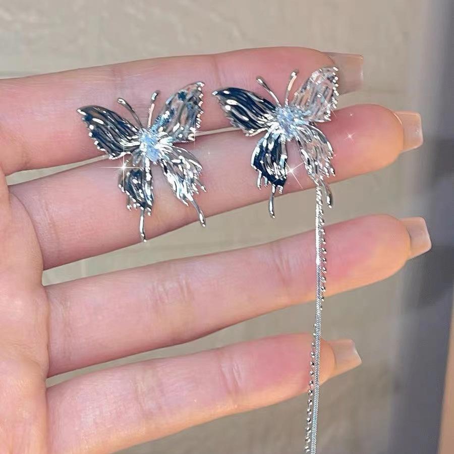 Butterfly pendant irregular tassels earrings