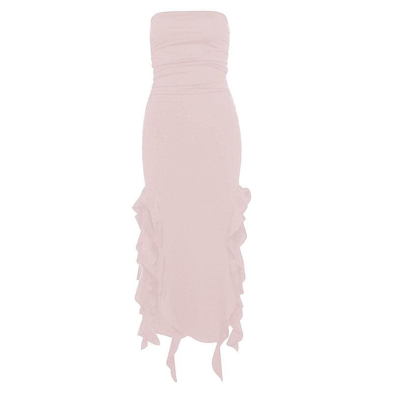 Solid slit irregular ruffle ribbon backless tube midi dress