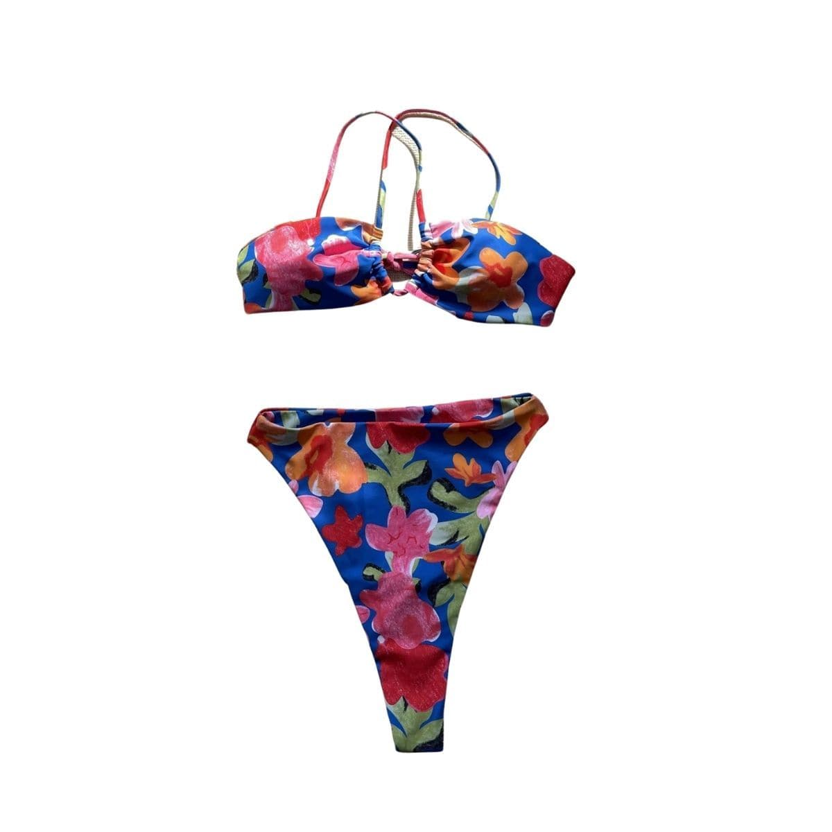 Traje de baño bikini sin espalda con espalda cruzada y contraste con estampado de flores 