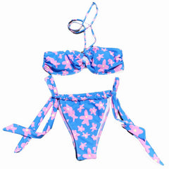 Traje de baño bikini con estampado floral y parte superior de tubo con agujeros y lazo en contraste 