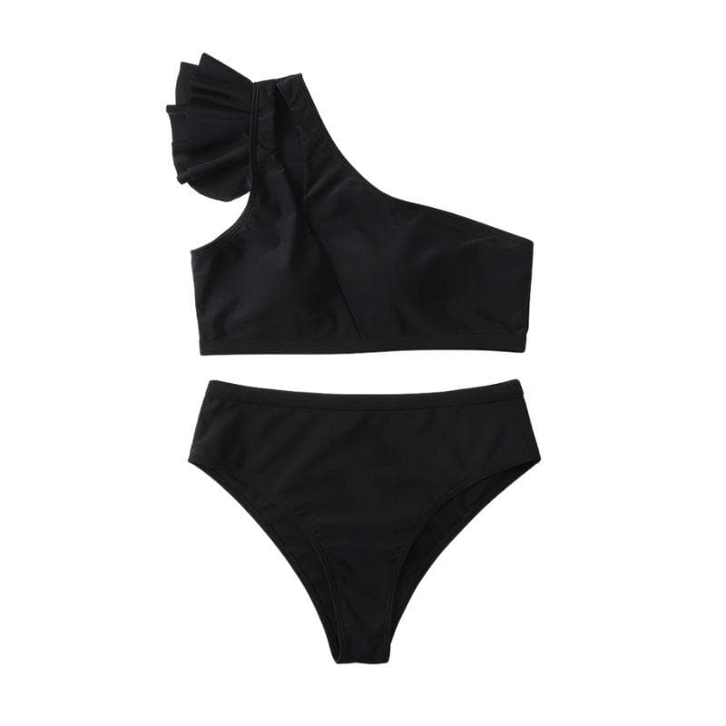 Traje de baño bikini de un solo hombro con volantes, liso, irregular, ahuecado 