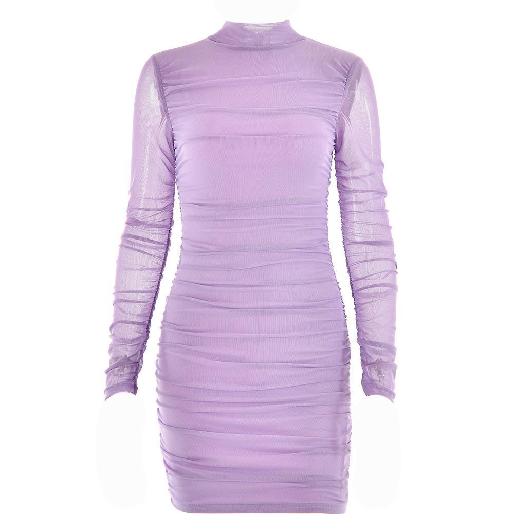 Mesh ruched zip-up long sleeve solid high neck mini dress