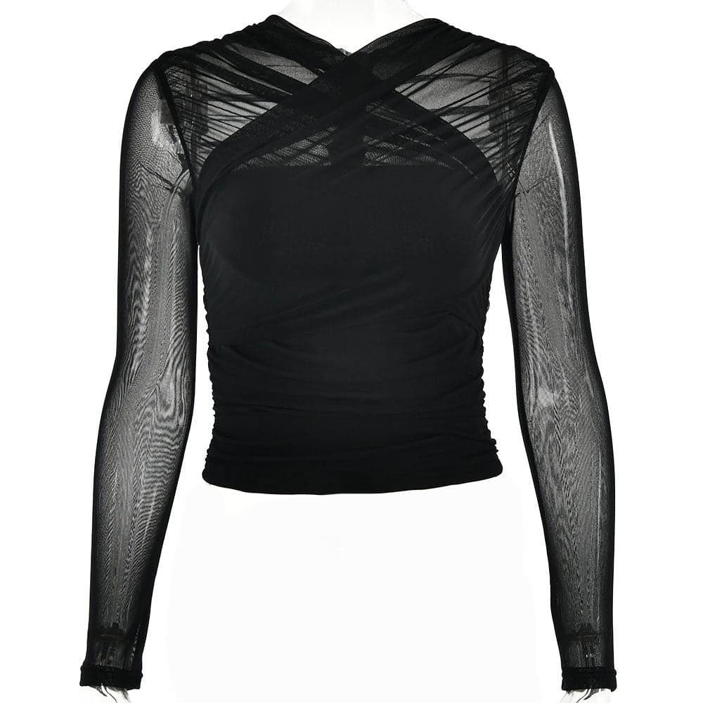 Cross front ruched mesh long sleeve solid top