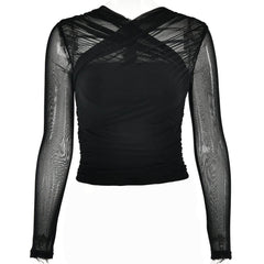 Cross front ruched mesh long sleeve solid top