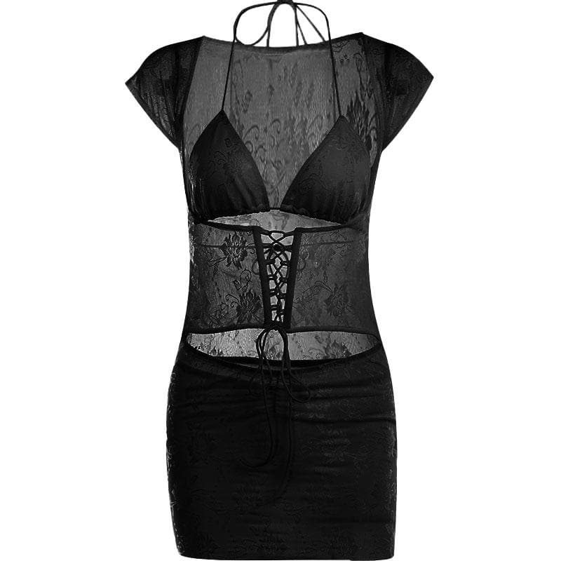 Lace halter cap sleeve ruched corset lace up solid mini skirt set - Final Sale