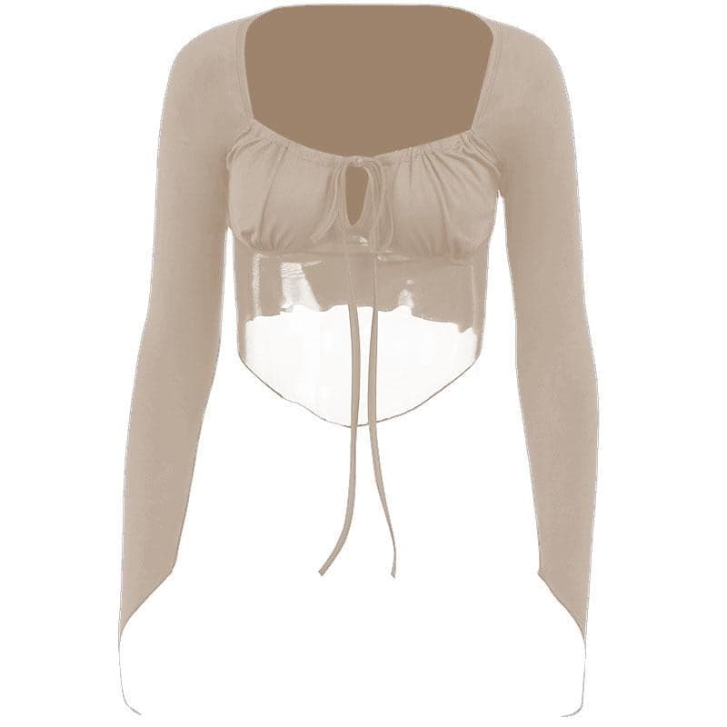 Mesh solid long sleeve gloves drawstring lace up crop top