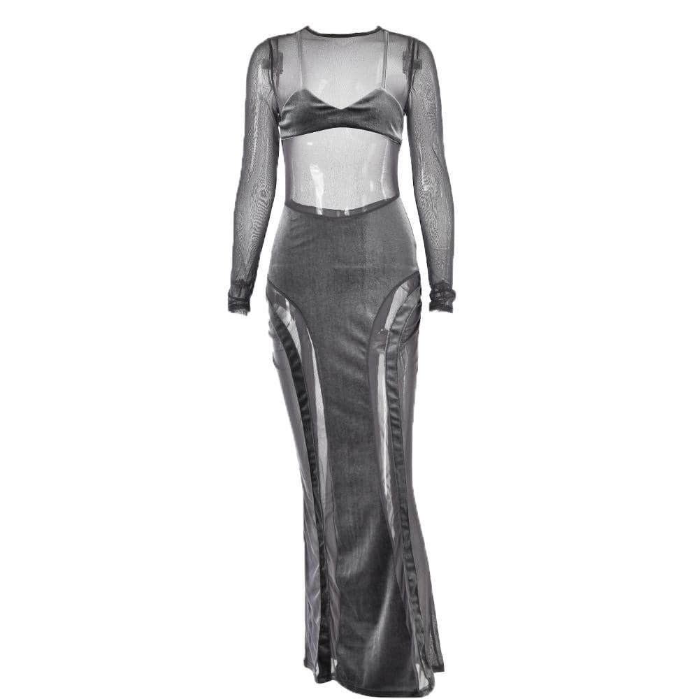 Mesh patchwork velvet solid long sleeve maxi dress