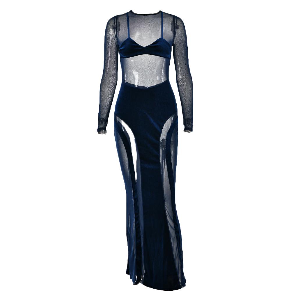 Mesh patchwork velvet solid long sleeve maxi dress