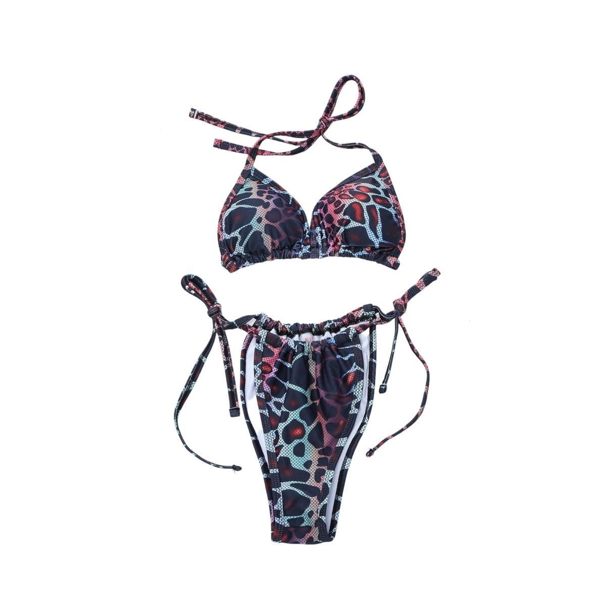 Rückenfreier Neckholder-Bikini mit Rüschen und Leopardenmuster, Kontrast-Print, zum Selbstbinden