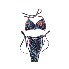 Rückenfreier Neckholder-Bikini mit Rüschen und Leopardenmuster, Kontrast-Print, zum Selbstbinden