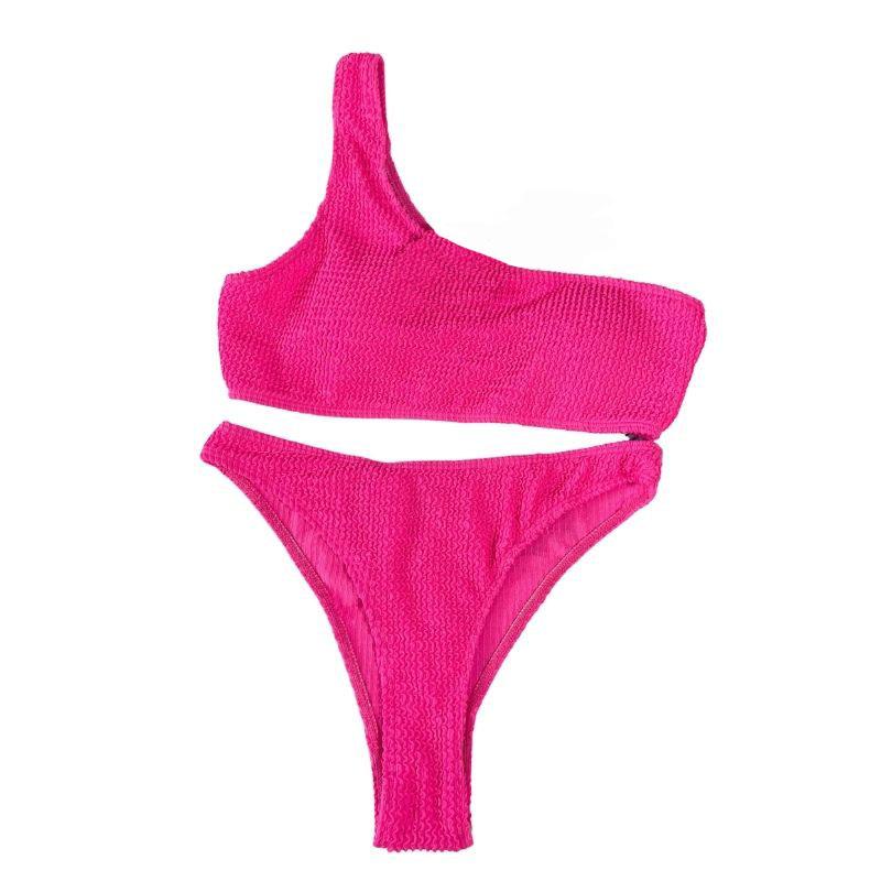 Traje de baño bikini liso irregular con textura de un solo hombro 