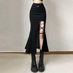 Lace up solid slit metal tag zip-up fishtail skirt