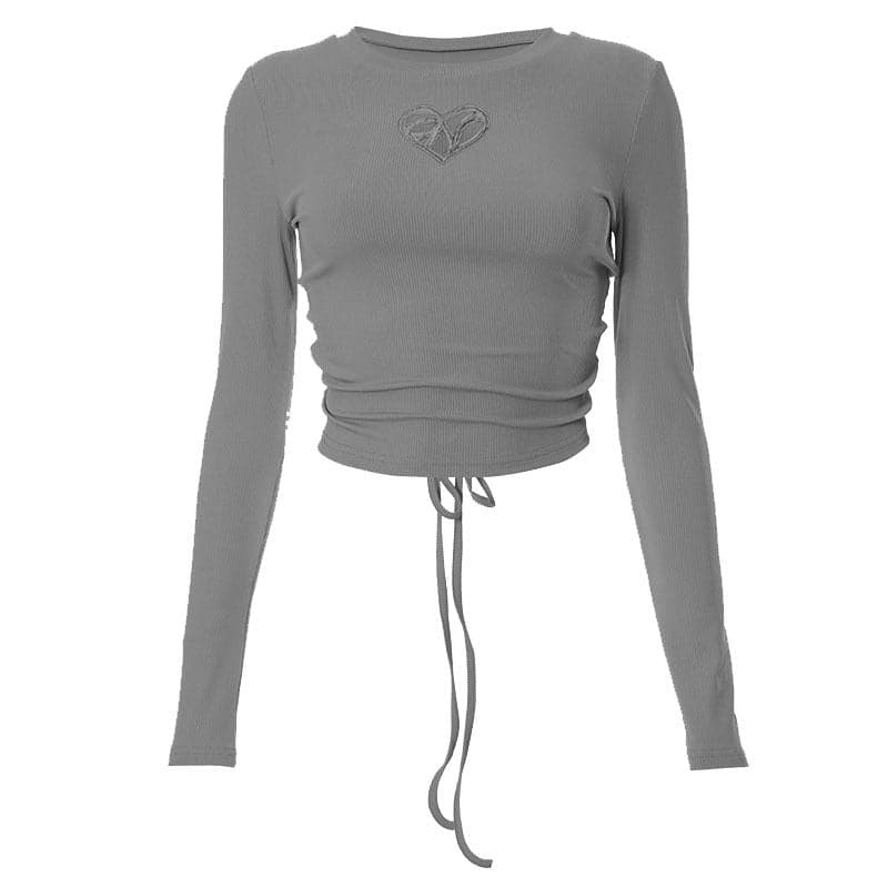 Hollow out ribbed long sleeve self tie backless crop top