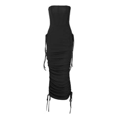 Ruched backless solid drawstring tube midi dress