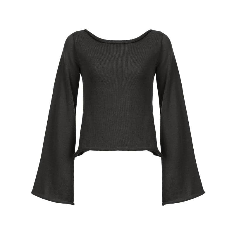 Knitted flared sleeve solid self tie backless top