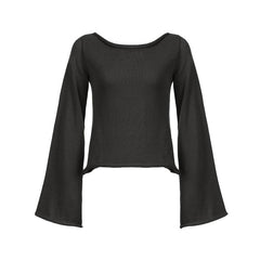 Knitted flared sleeve solid self tie backless top