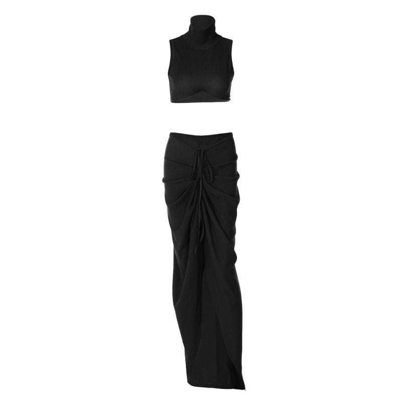 Slit textured sleeveless high neck ruched solid maxi skirt set