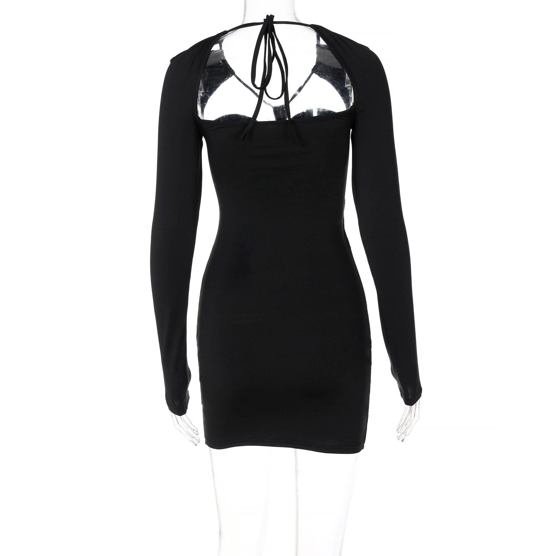 Long sleeve mesh irregular solid halter hollow out mini dress