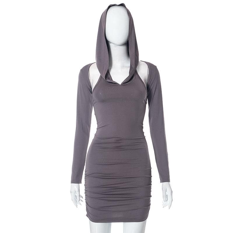 Hoodie ruched shrug long sleeve solid mini dress