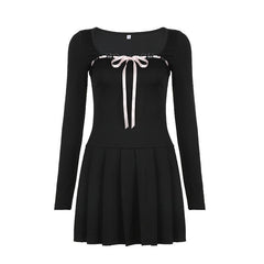 Lace hem square neck contrast long sleeve pleated mini dress