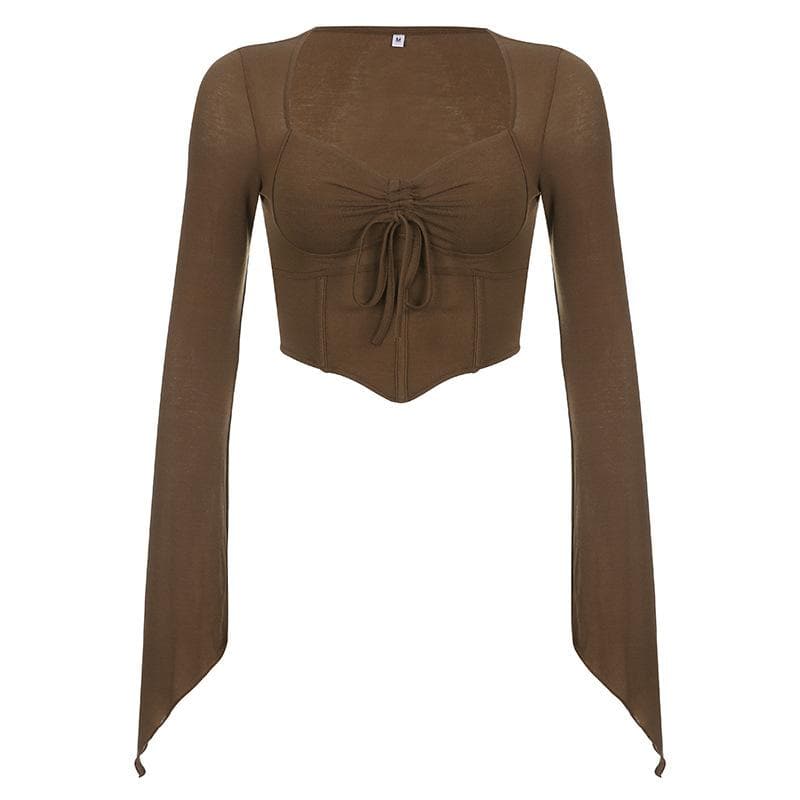 Long sleeve solid drawstring ruched self tie crop top