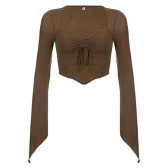 Long sleeve solid drawstring ruched self tie crop top