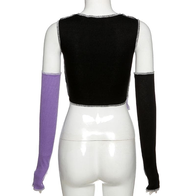 Patchwork off shoulder gloves ribbed crop top