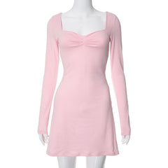 Square neck solid ruched long sleeve mini dress