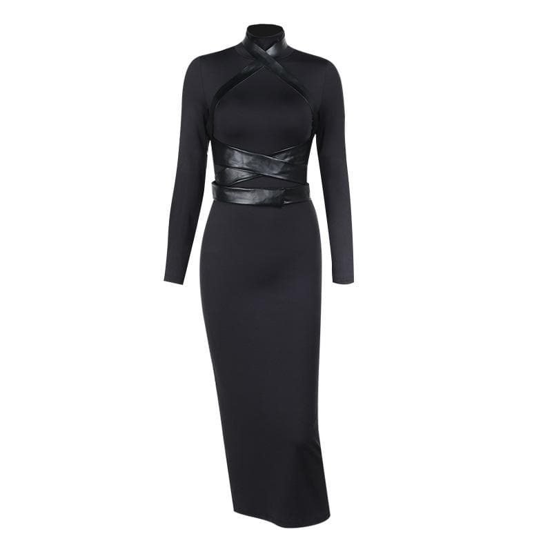 Cross front solid long sleeve PU leather high neck slit midi dress