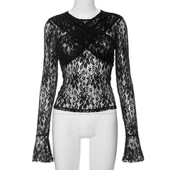 Lace cross front see through long sleeve solid top