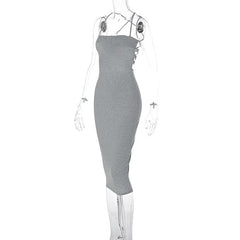 Cross back lace up self tie backless solid square neck midi dress
