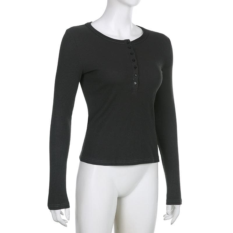 Ribbed solid long sleeve button crewneck top