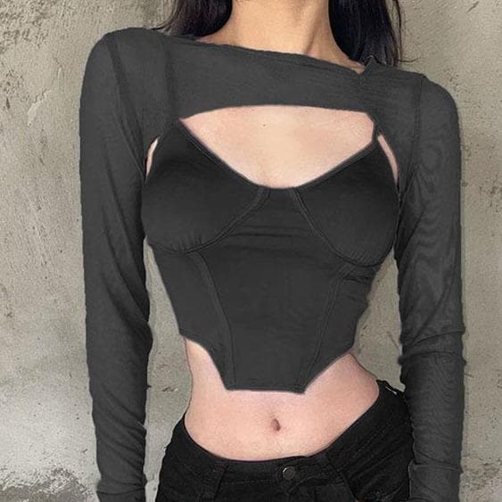 Long sleeve mesh see-through two piece set