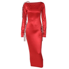 Long sleeve solid satin hollow out self tie crewneck midi dress