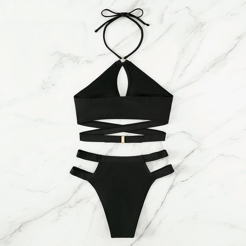 Cross front hollow out solid o ring halter bikini swimwear