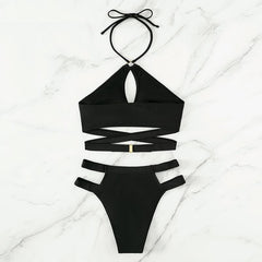 Cross front hollow out solid o ring halter bikini swimwear