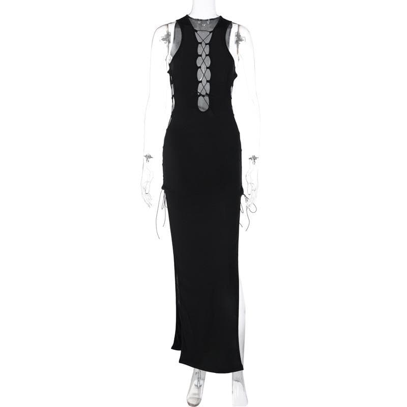 Hollow out sleeveless lace up slit solid maxi dress