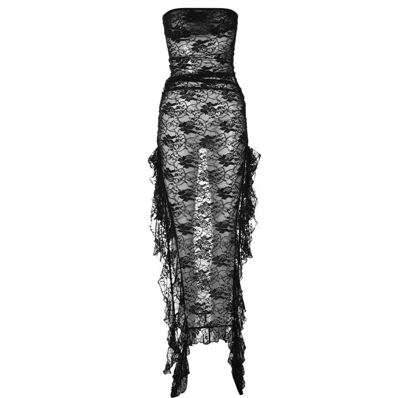 Slit ribbon lace see through solid tube maxi dress