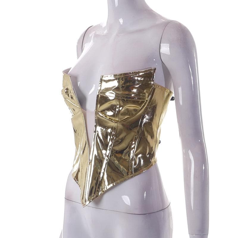 Metallic v neck zip-up low cut backless corset tube top